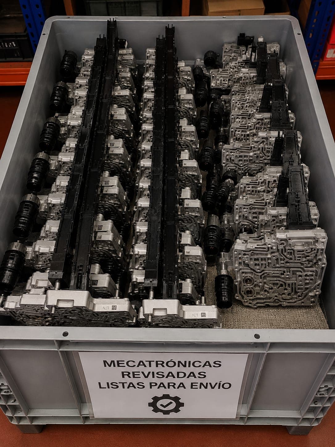 Lote de unidades mecatrónicas de aluminio con solenoides, etiquetadas como revisadas para envío