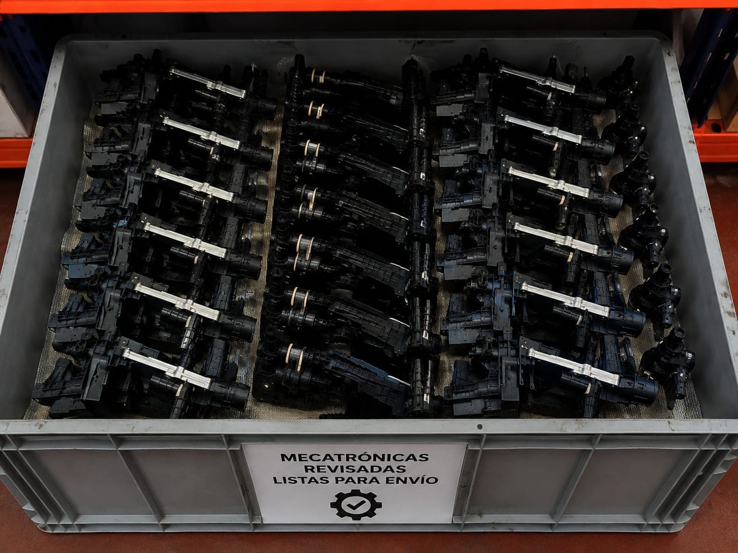 Caja industrial con decenas de mecatrónicas revisadas listas para envío con seguimiento